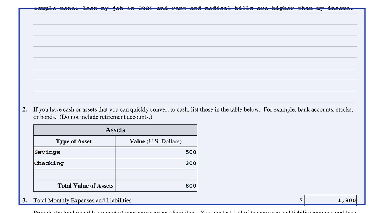Form I-912 Part 6 with a hardship description, an asset list and monthly expenses, sample values