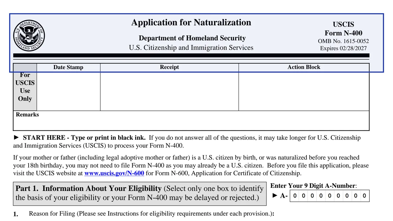 The title area of Form N-400 (edition 01/20/25) with the form name, agency and OMB number