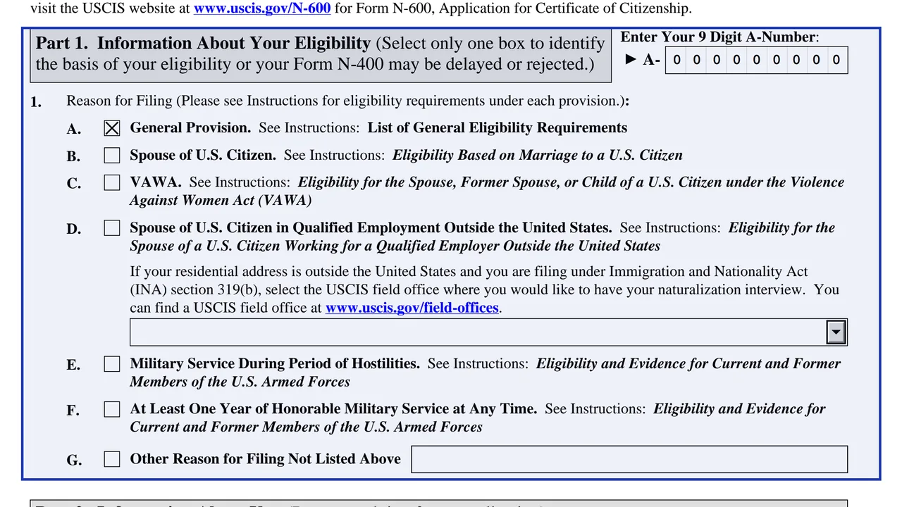 Part 1 of Form N-400 with the eligibility basis boxes