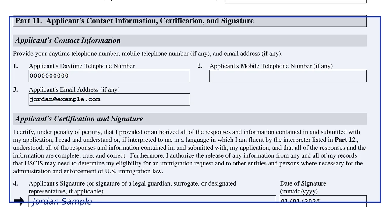 Part 11 of Form N-400 with sample contact details, the certification and a sample signature and date