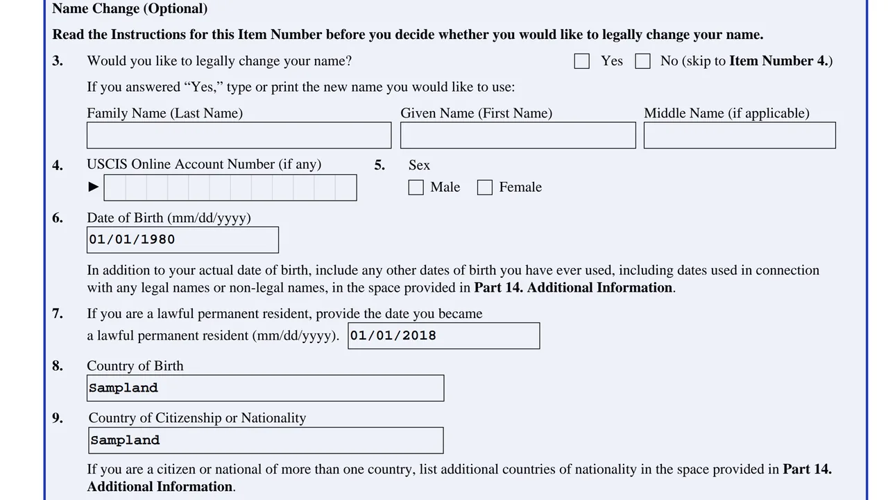 Part 2 of Form N-400 with a sample date of birth, date became a permanent resident and country of birth entered
