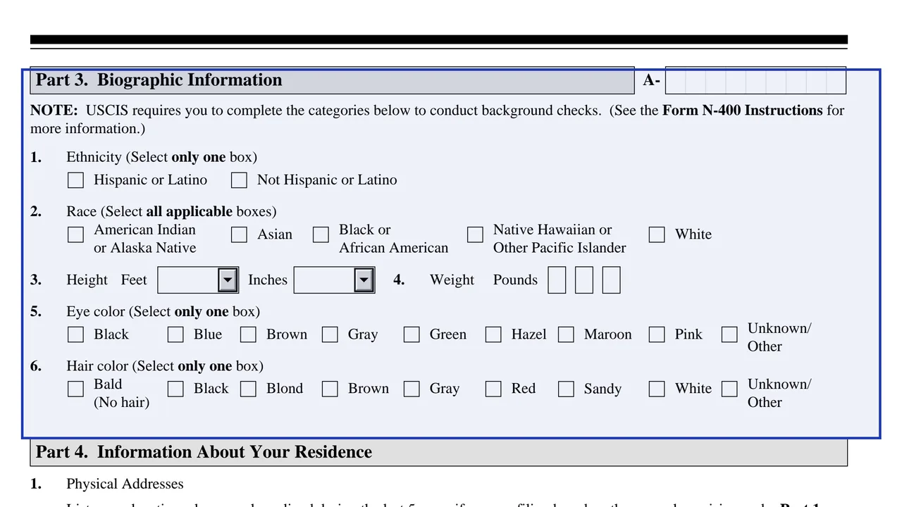 Part 3 of Form N-400 with ethnicity, race, height, weight, eye and hair color fields