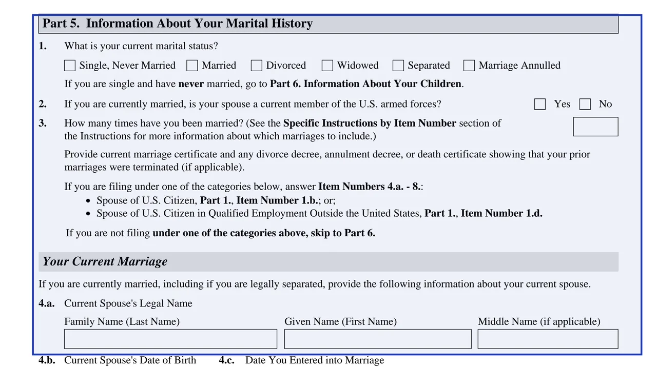 Part 5 of Form N-400 with marital history and spouse information fields