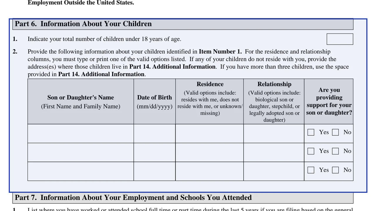 Part 6 of Form N-400 with the children list