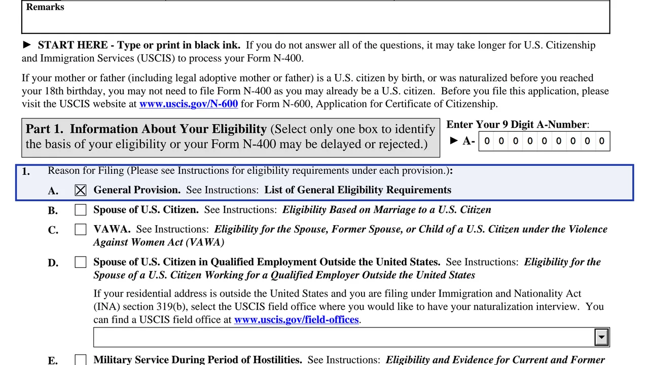 The general provision box in Part 1 of Form N-400, the five year basis that sets the earliest filing date