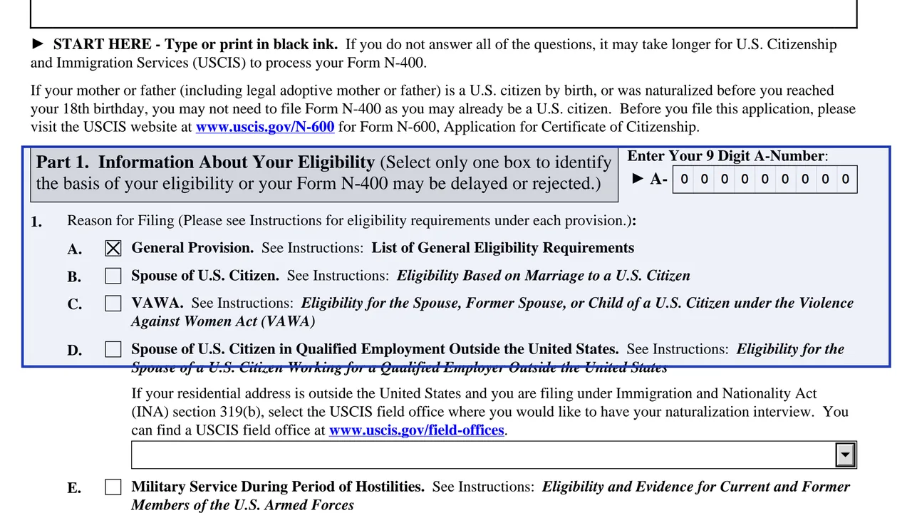 Part 1 of Form N-400 with the general provision eligibility box checked