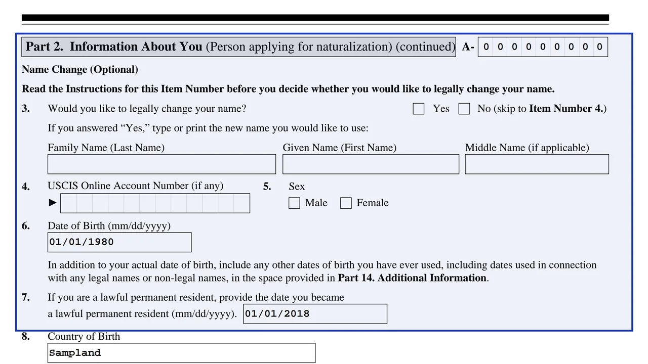 Part 2 of Form N-400 with a sample date of birth and the date became a permanent resident entered