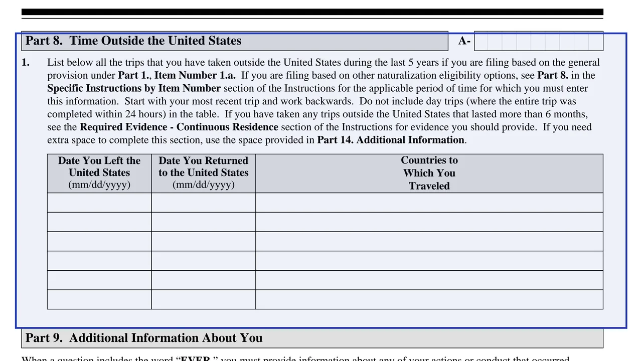 The table of trips outside the United States in Part 8 of Form N-400, with columns for departure, return and countries