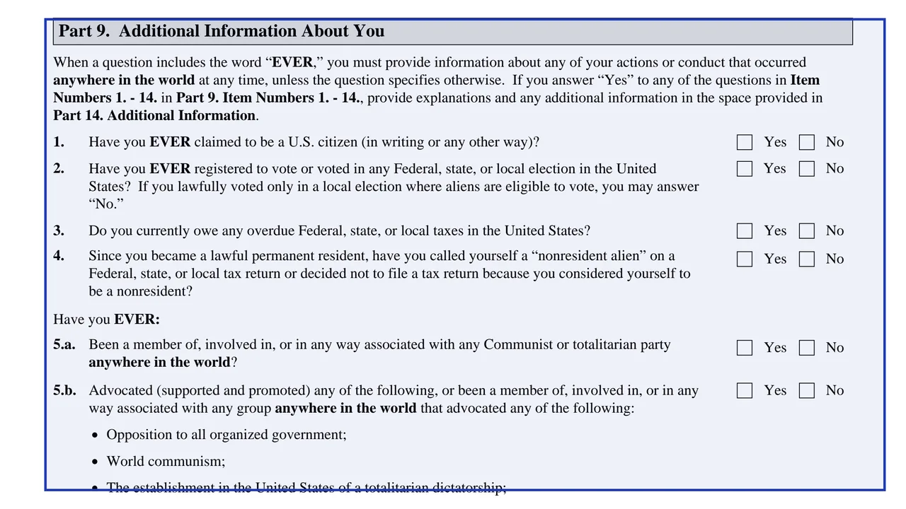 The start of Part 9 of Form N-400 with the yes and no background questions to answer yourself