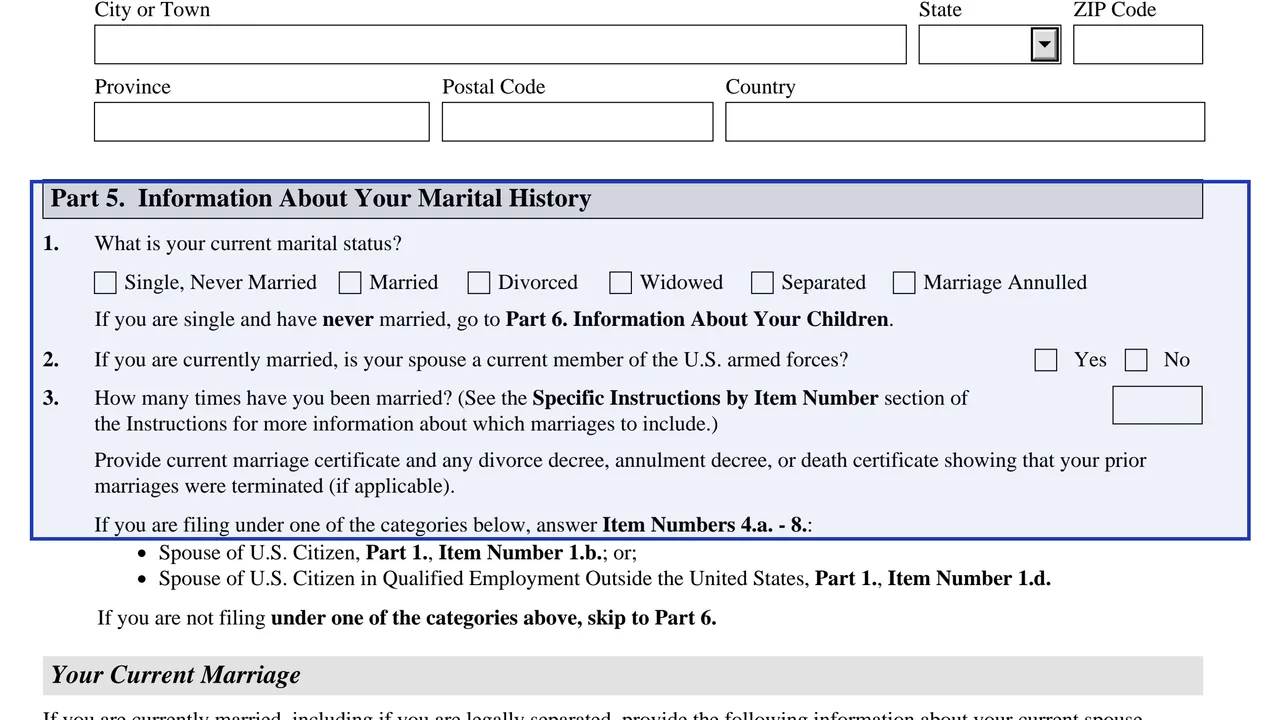 Part 5 of Form N-400 asking for marital status and the number of marriages that the marriage and divorce records support