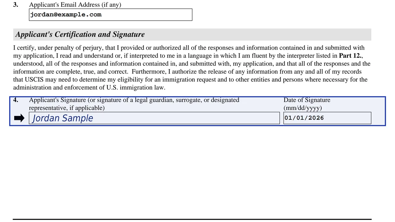 The applicant signature and date lines in Part 11 of Form N-400 with a sample signature entered