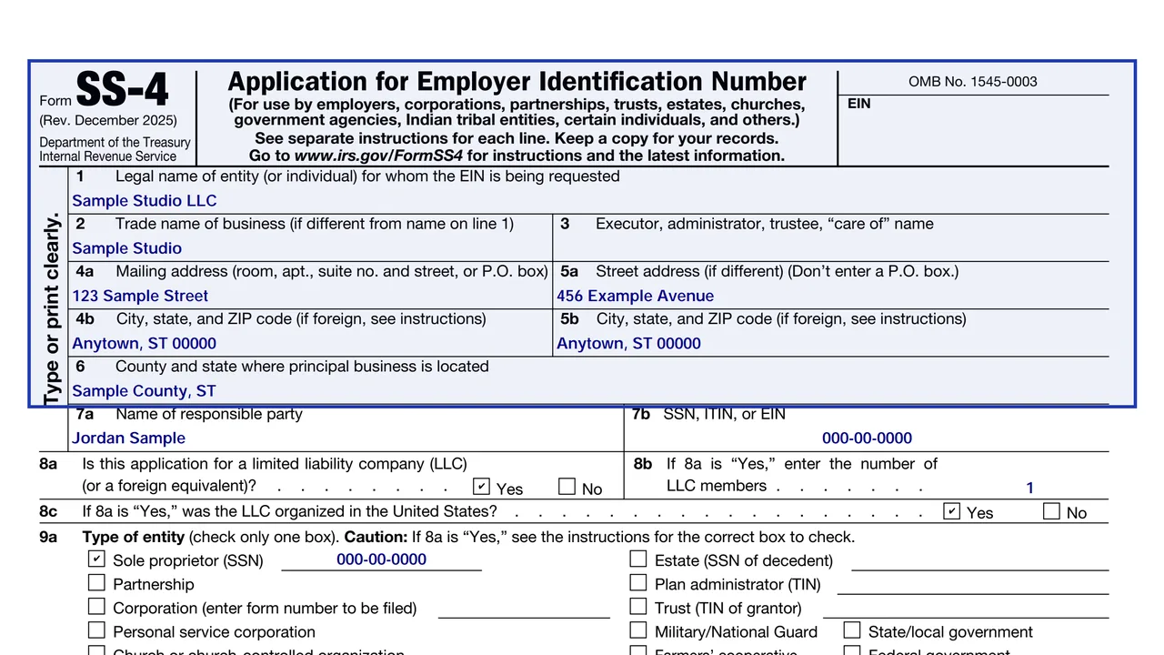 Page 1 of Form SS-4 with the title area, lines 1 to 6 and the EIN application layout, sample values