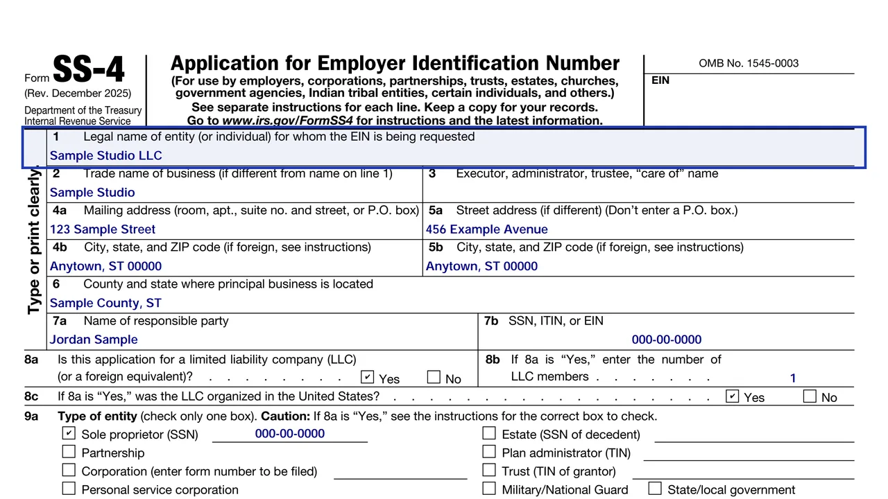 Line 1 of Form SS-4 with a business's legal name typed exactly as on its governing document, sample values