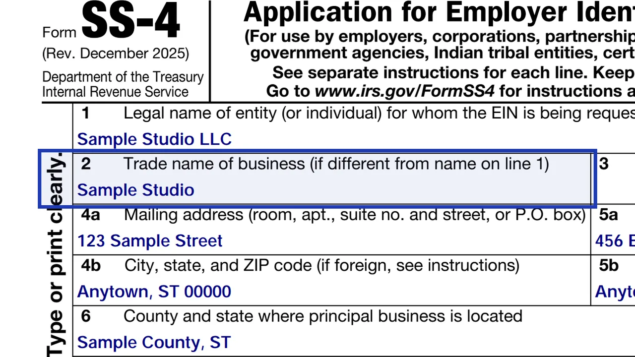 Line 2 of Form SS-4 with a trade name entered only where it differs from the legal name