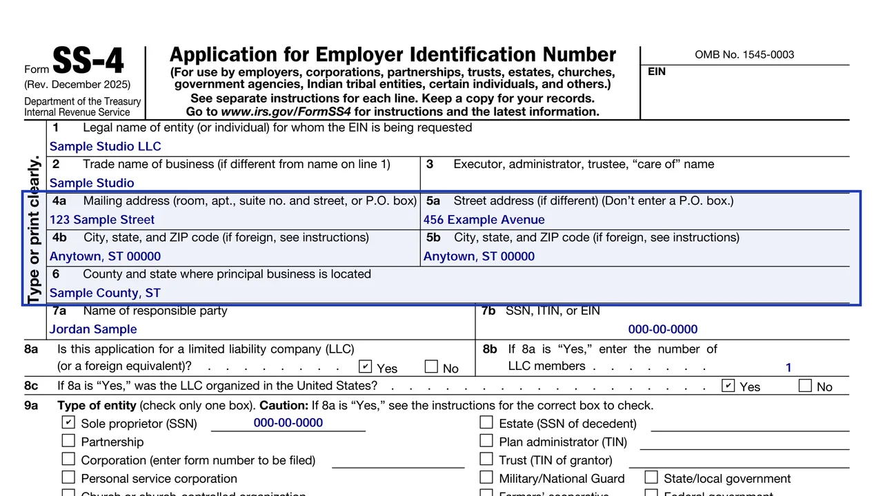 Lines 4a to 6 of Form SS-4 with a mailing address, a separate street address and the county and state