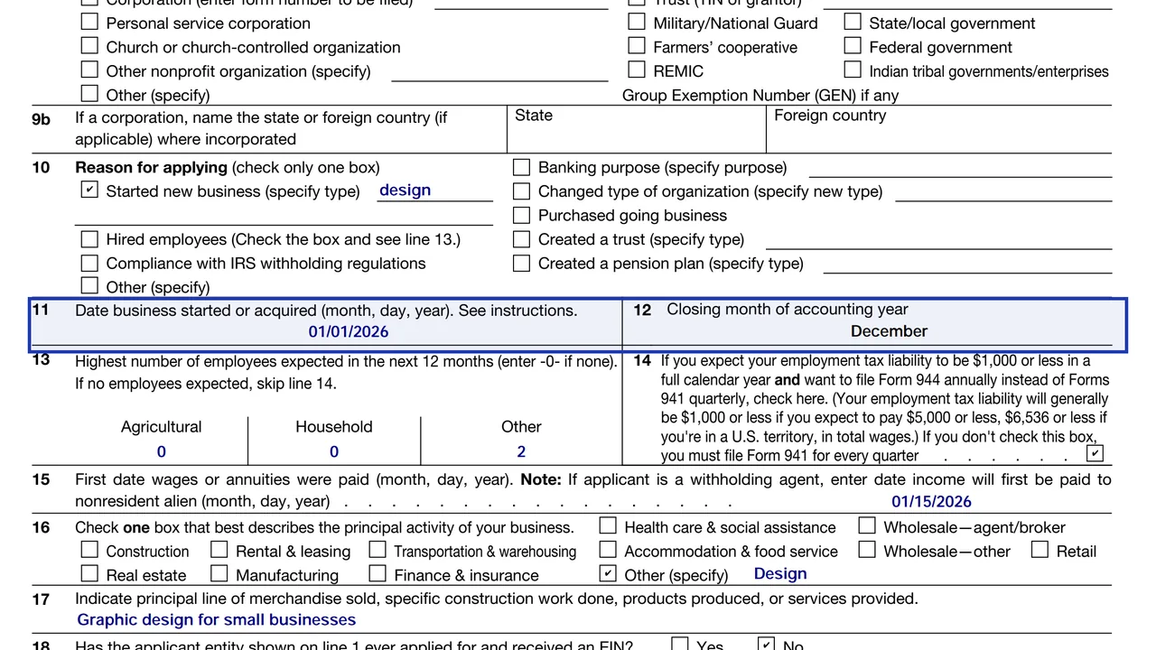 Lines 11 and 12 of Form SS-4 with the business start date and a closing month entered
