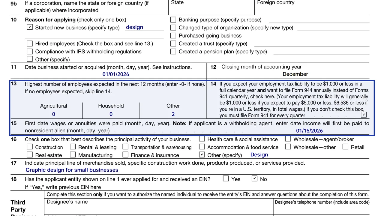 Lines 13 to 15 of Form SS-4 with the employee count, the Form 944 box and the first wage payment date
