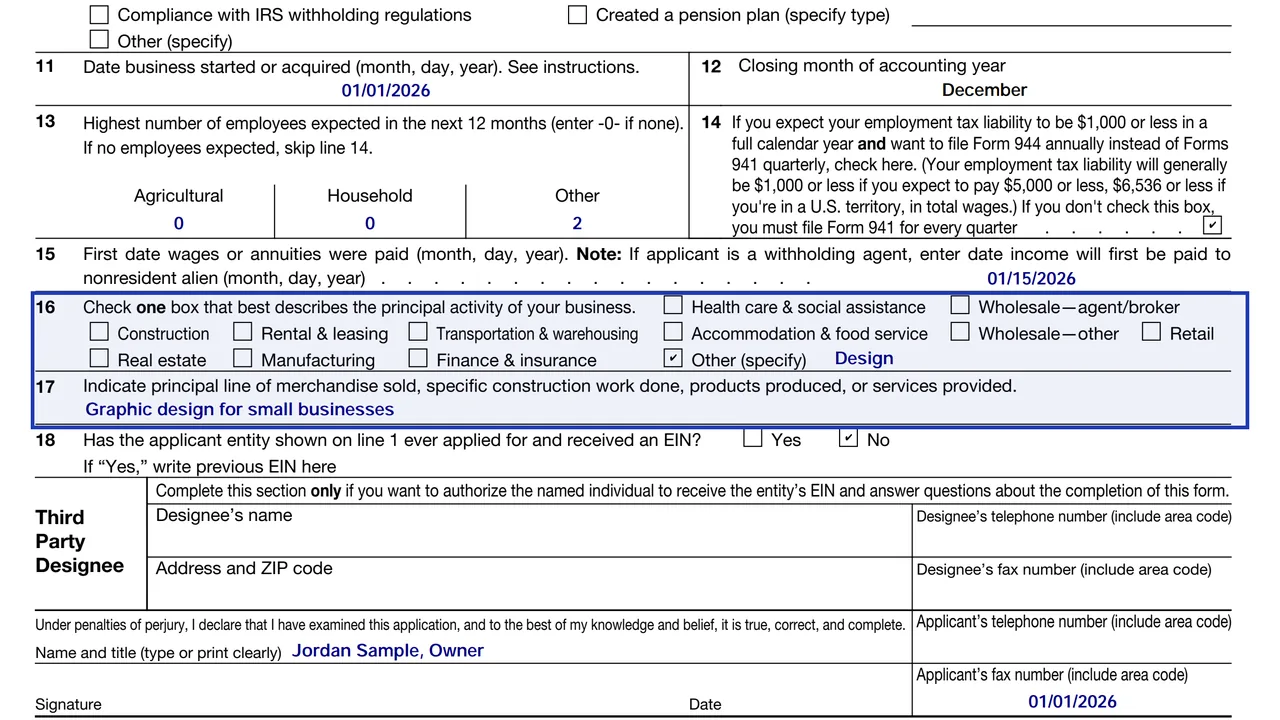 Lines 16 and 17 of Form SS-4 with a principal activity box checked and a short description of the work