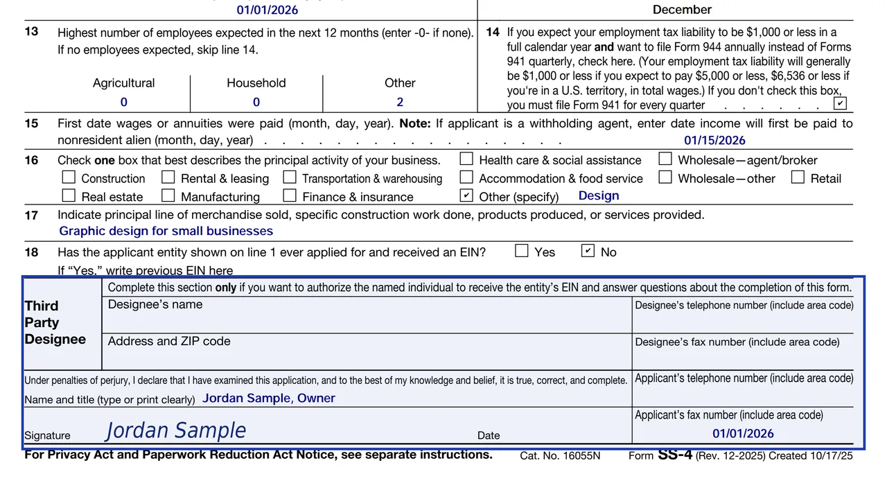 The third-party designee and signature area at the bottom of Form SS-4 with a principal officer signing