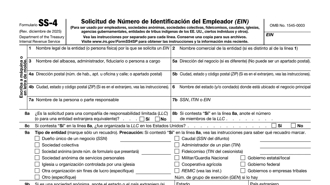 Top of page 1 of Form SS-4 (sp): Spanish Application for Employer Identification Number (EIN), as printed by IRS