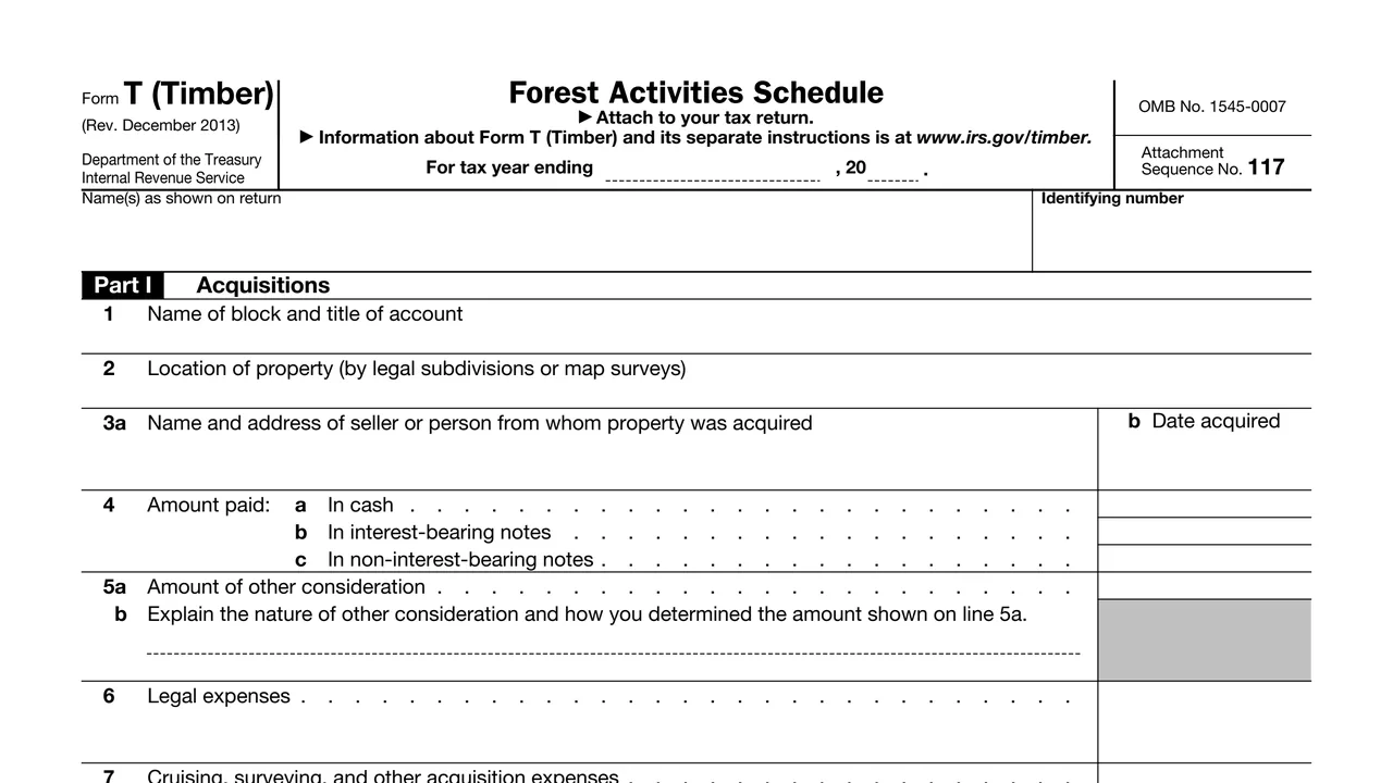 Top of page 1 of Form T (Timber): Forest Activities Schedule, as printed by IRS