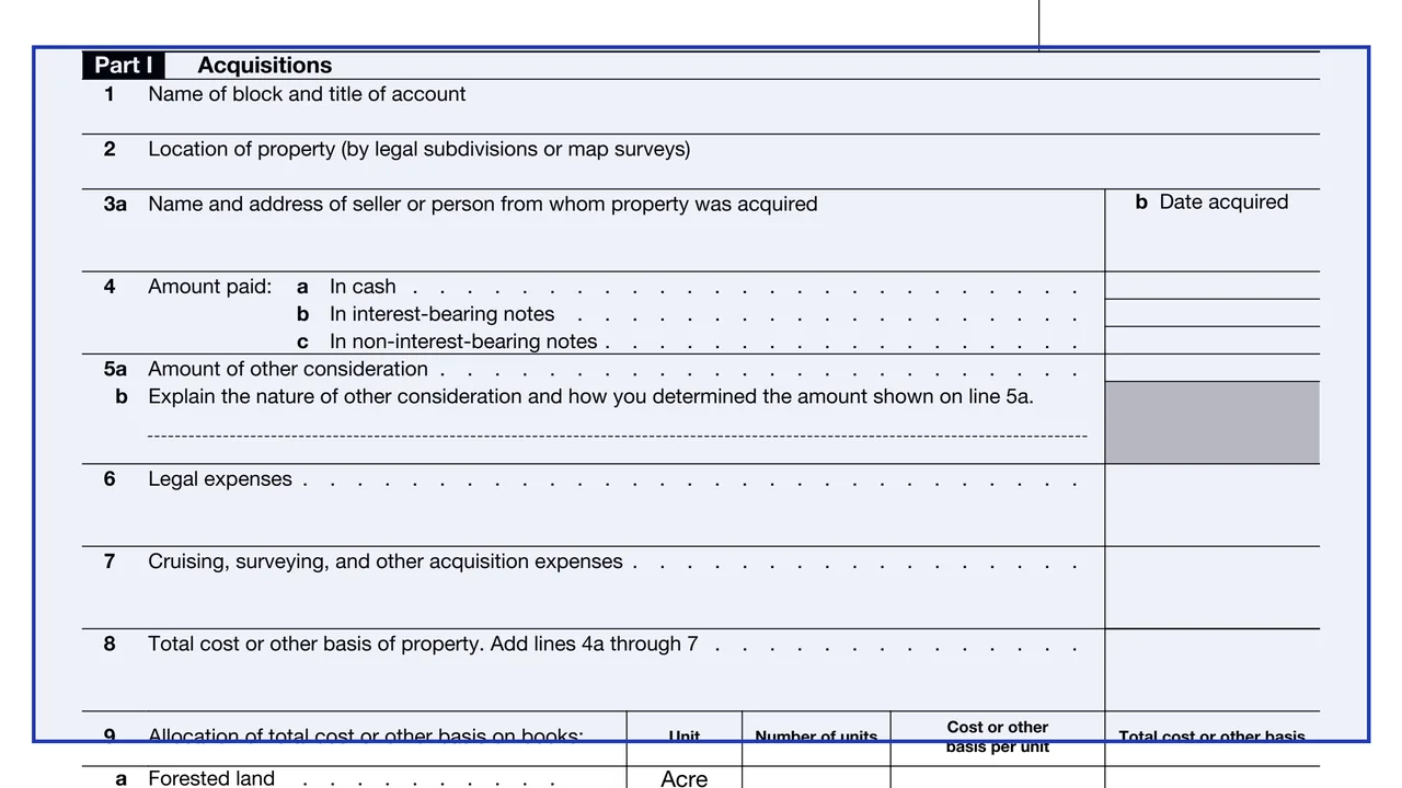 Part I: Acquisitions on page 1 of Form T (Timber): Forest Activities Schedule, as printed by IRS