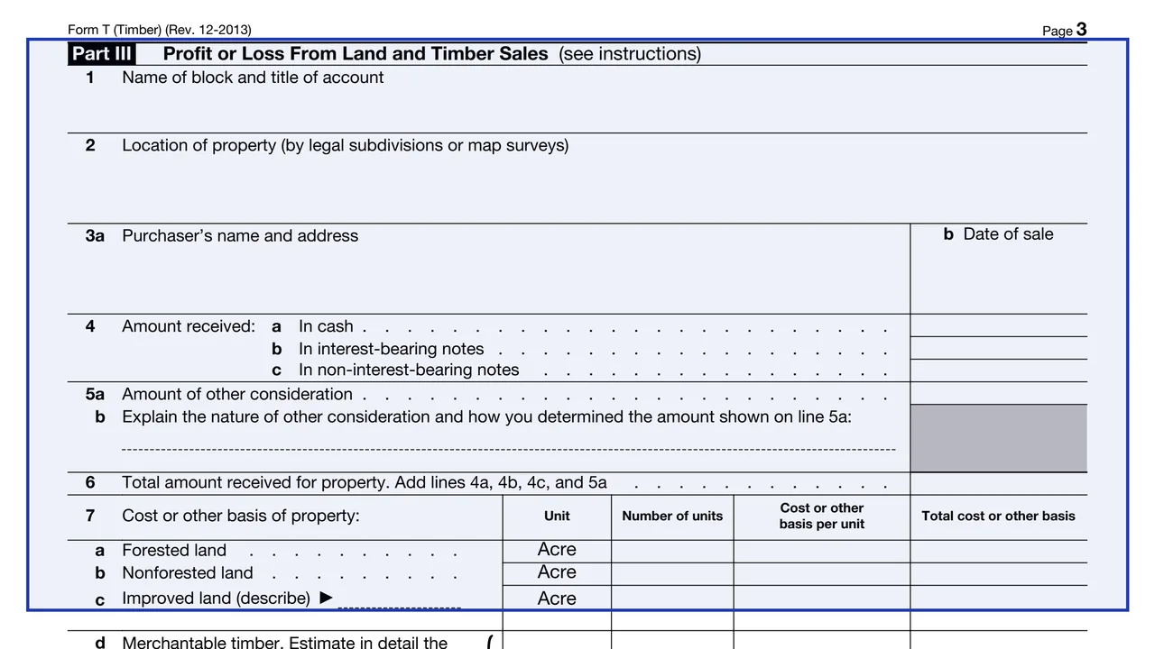 Part III: Profit or Loss From Land and Timber Sales on page 3 of Form T (Timber): Forest Activities Schedule, as printed by IRS