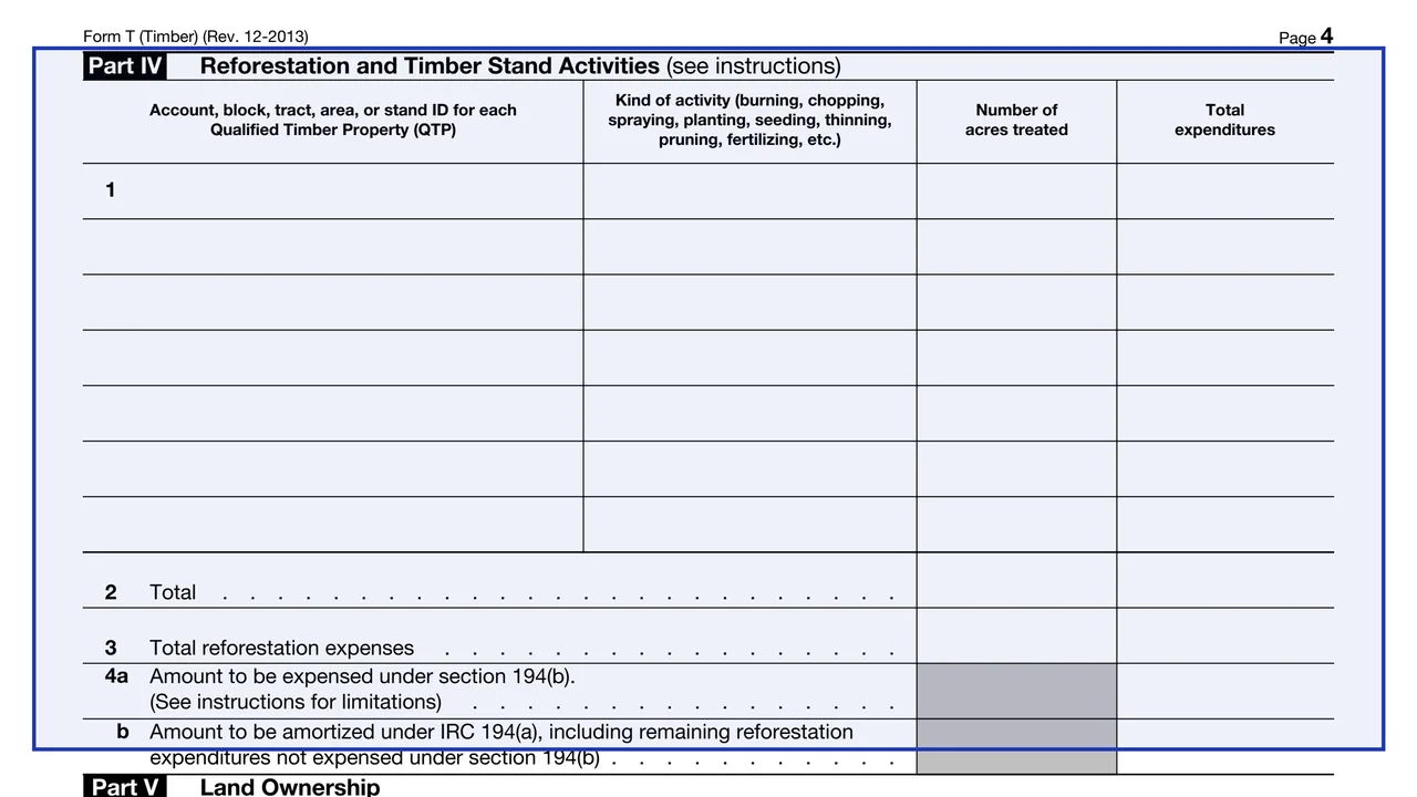 Part IV: Reforestation and Timber Stand Activities on page 4 of Form T (Timber): Forest Activities Schedule, as printed by IRS