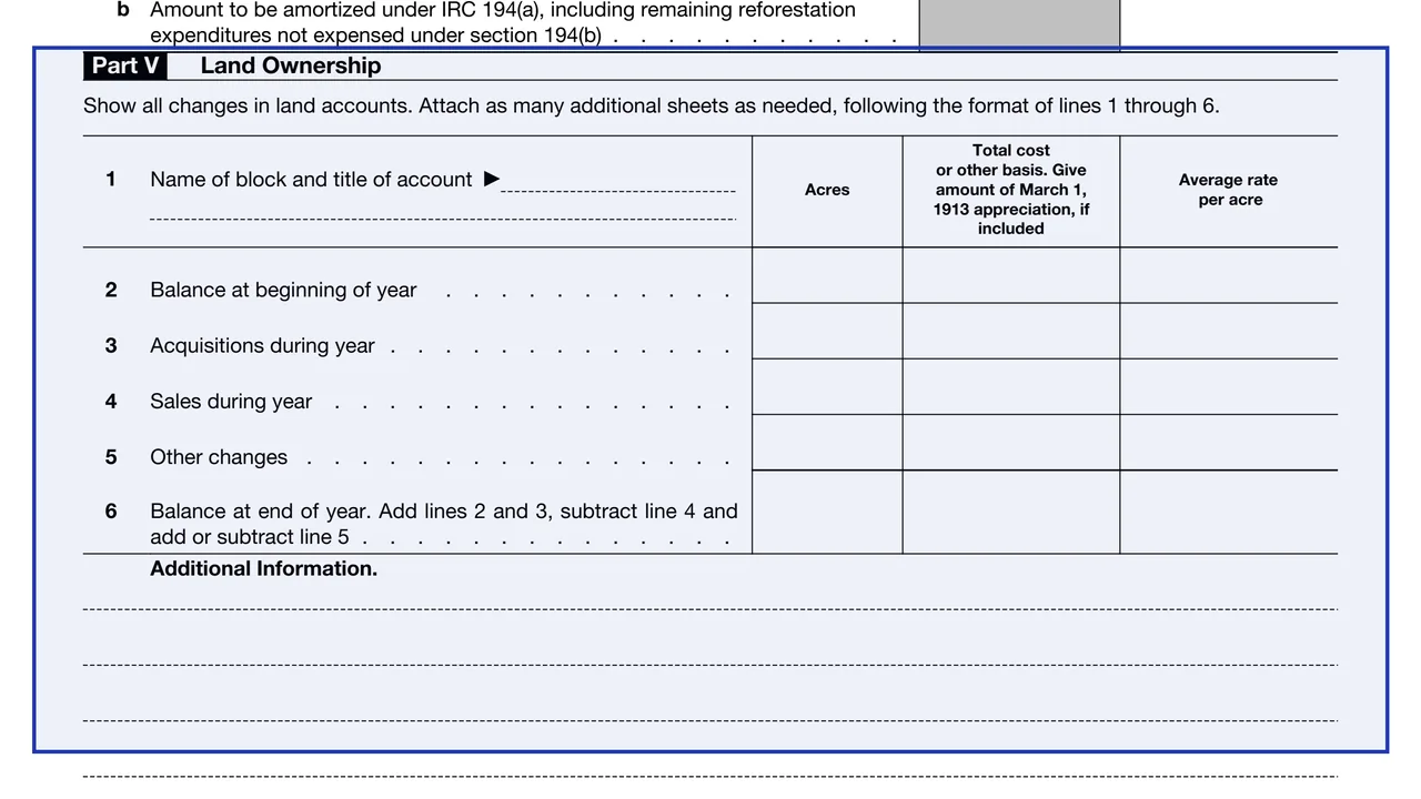 Part V: Land Ownership on page 4 of Form T (Timber): Forest Activities Schedule, as printed by IRS
