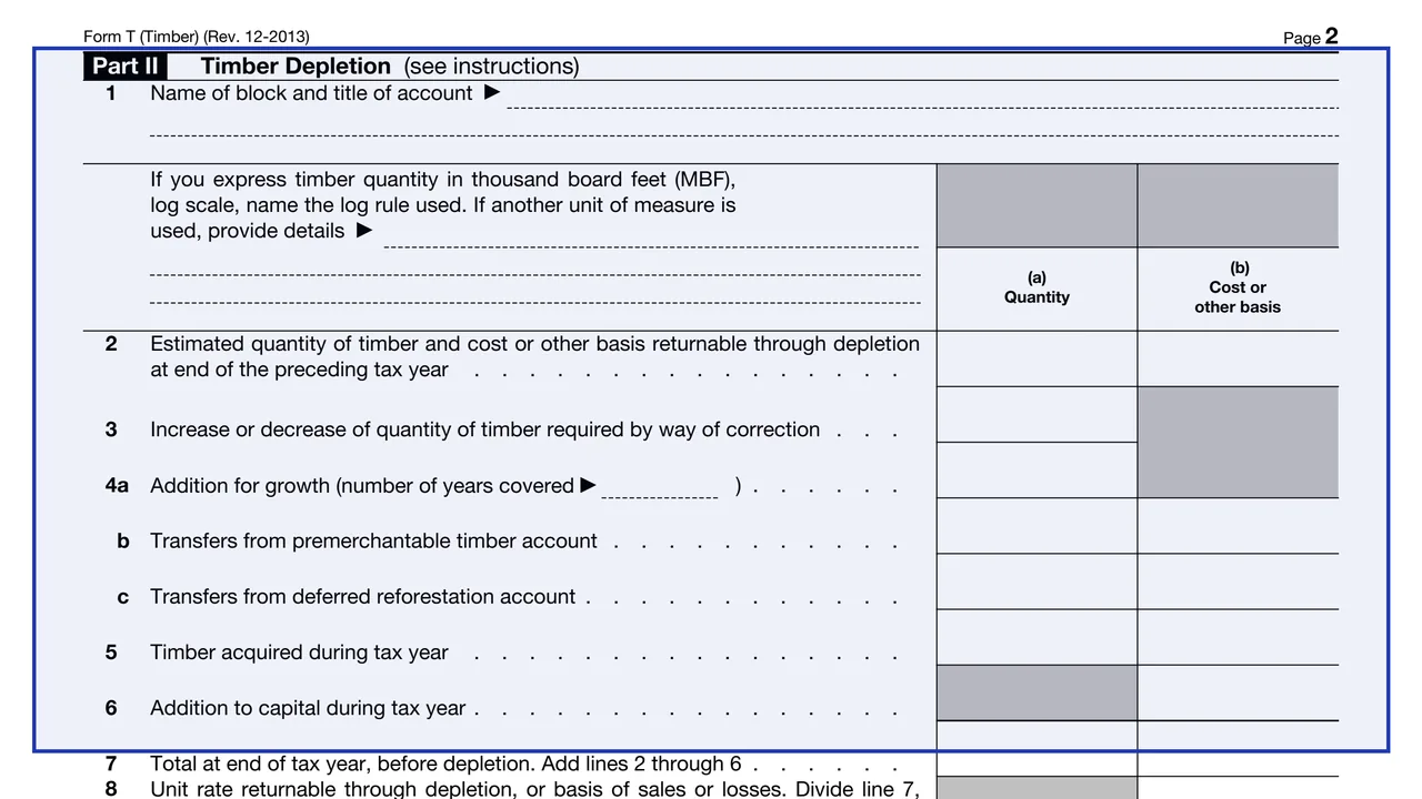 Part II on page 2 of Form T (Timber): Forest Activities Schedule, as printed by IRS