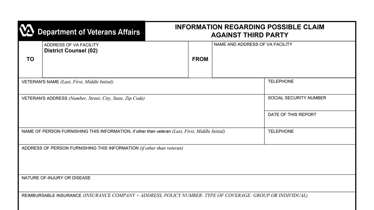 Top of page 1 of VA Form 10-1023: Information Regarding Possible Claim Against Third Party, as printed by VA