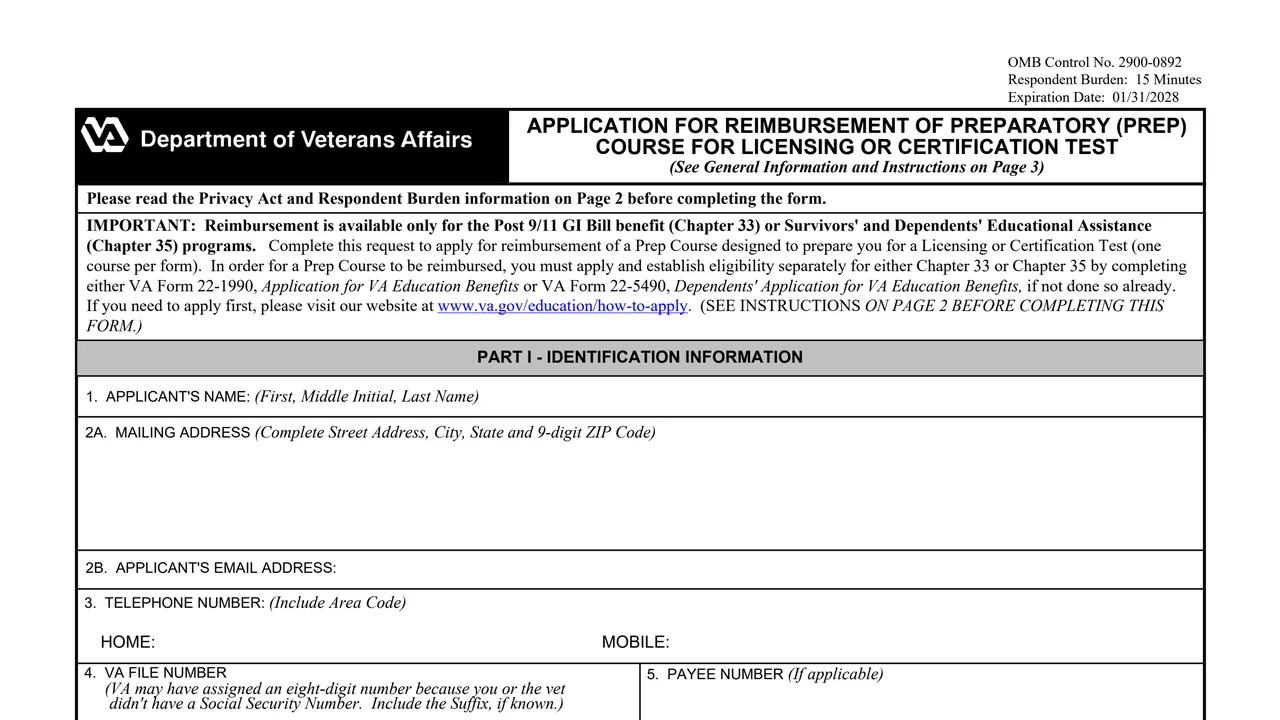 Top of page 1 of VA Form 22-10272: Reimbursement of Prep Course for Licensing or Certification Test, as printed by VA