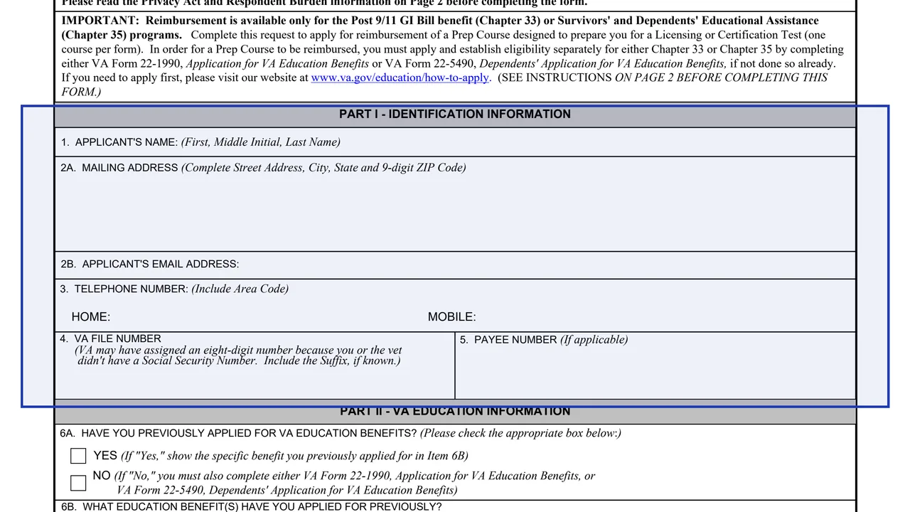 Part I: identification on page 1 of VA Form 22-10272: Reimbursement of Prep Course for Licensing or Certification Test, as printed by VA