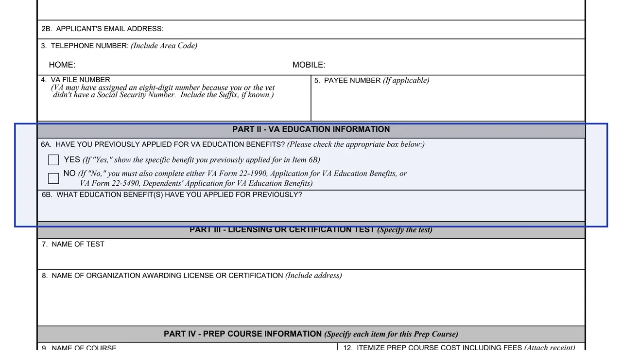 Part II: VA education information on page 1 of VA Form 22-10272: Reimbursement of Prep Course for Licensing or Certification Test, as printed by VA