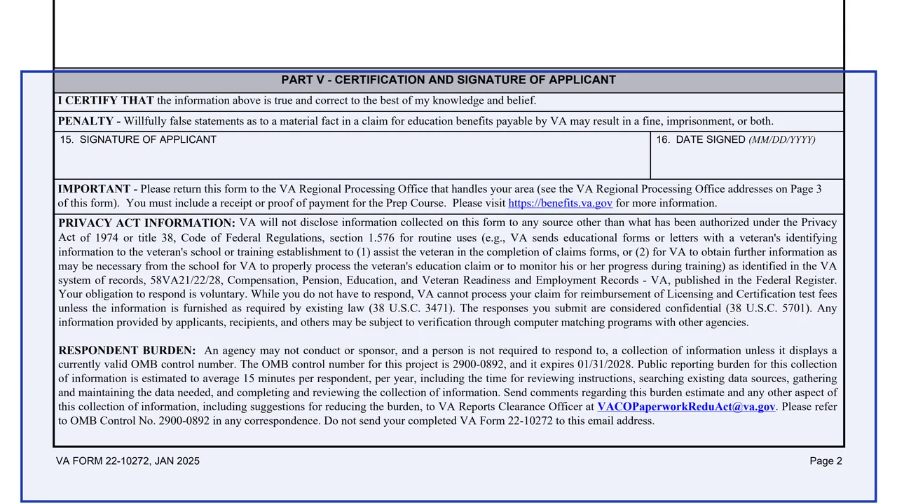 Part V: certification and signature on page 2 of VA Form 22-10272: Reimbursement of Prep Course for Licensing or Certification Test, as printed by VA