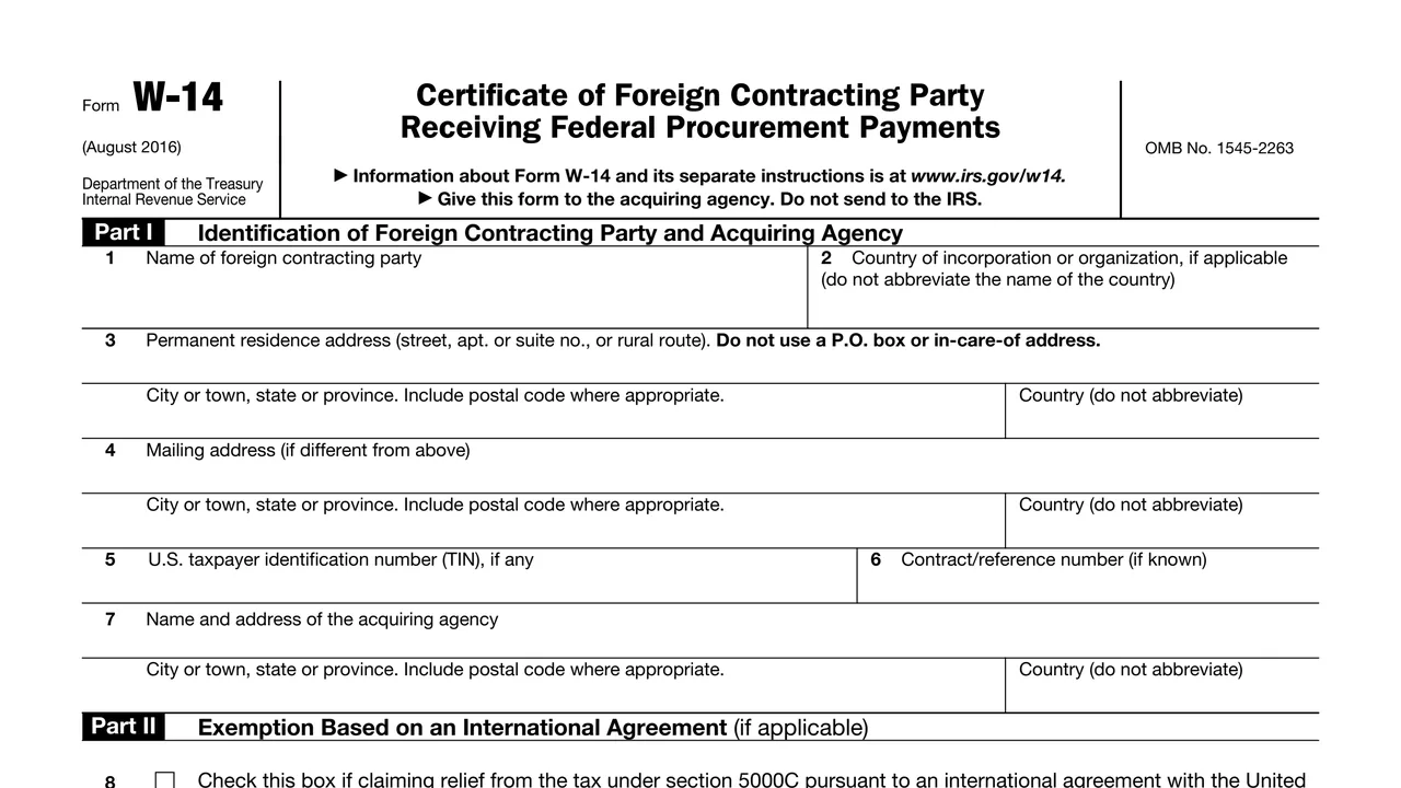 Top of page 1 of Form W-14: Certificate of Foreign Contracting Party Receiving Federal Procurement Payments, as printed by IRS