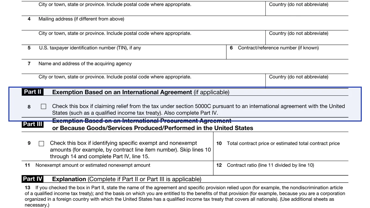 Part II: International agreement on page 1 of Form W-14: Certificate of Foreign Contracting Party Receiving Federal Procurement Payments, as printed by IRS