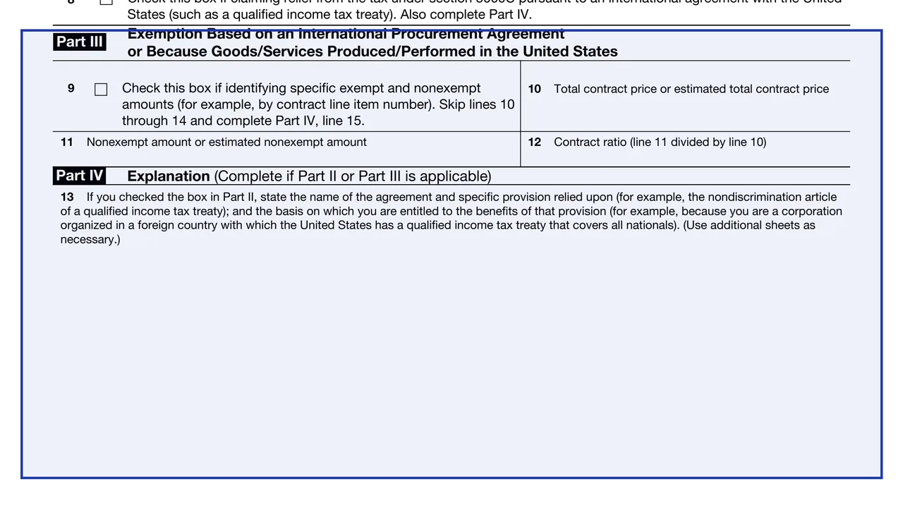 Part III: Procurement agreement or U.S. production on page 1 of Form W-14: Certificate of Foreign Contracting Party Receiving Federal Procurement Payments, as printed by IRS