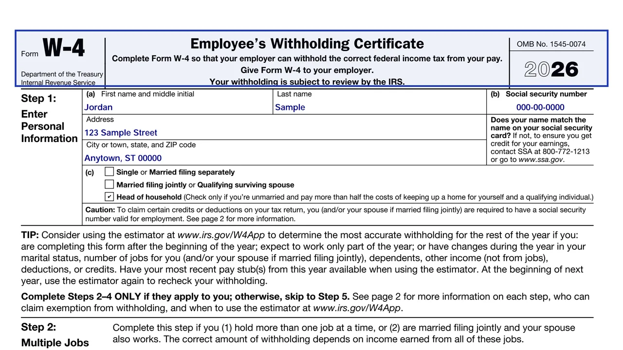 Page 1 of the 2026 Form W-4 with its title area and the instruction to give the form to your employer