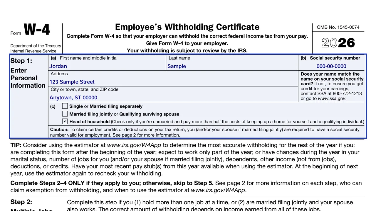 Step 1 of the 2026 Form W-4 with name, Social Security number, address and filing status boxes