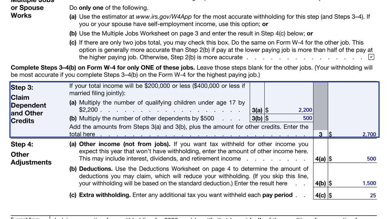 Step 3 of the 2026 Form W-4 with the lines for children under 17 and other dependents