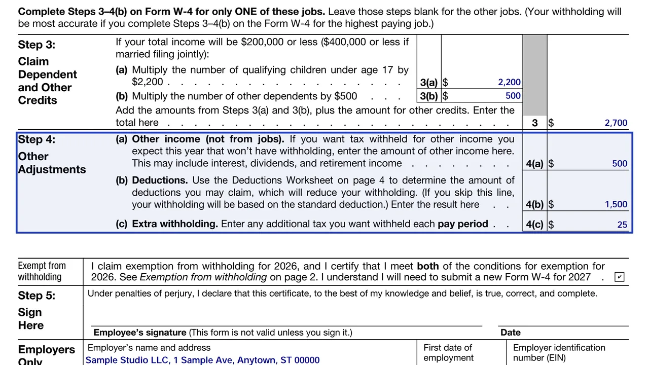 Step 4 of the 2026 Form W-4 with other income, deductions and extra withholding lines