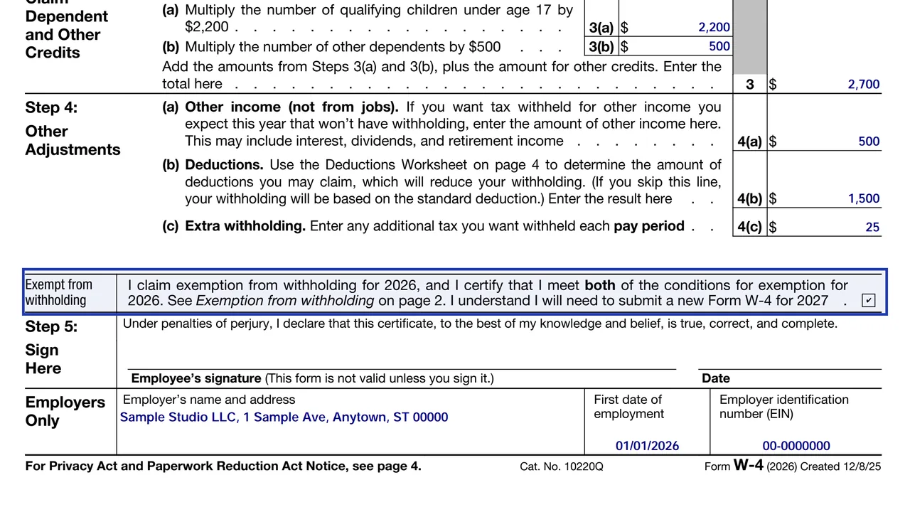 The Exempt from withholding box on the 2026 Form W-4