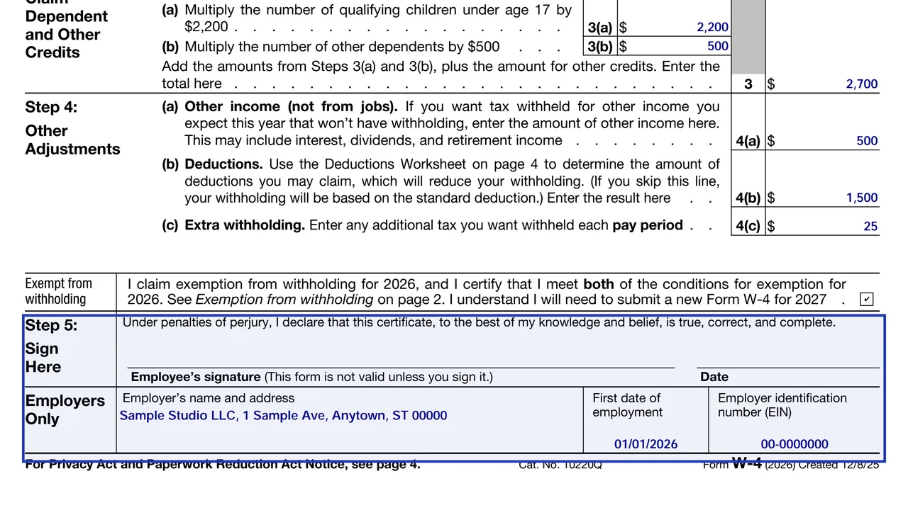 Step 5 of the 2026 Form W-4 with the signature, date and the employer block
