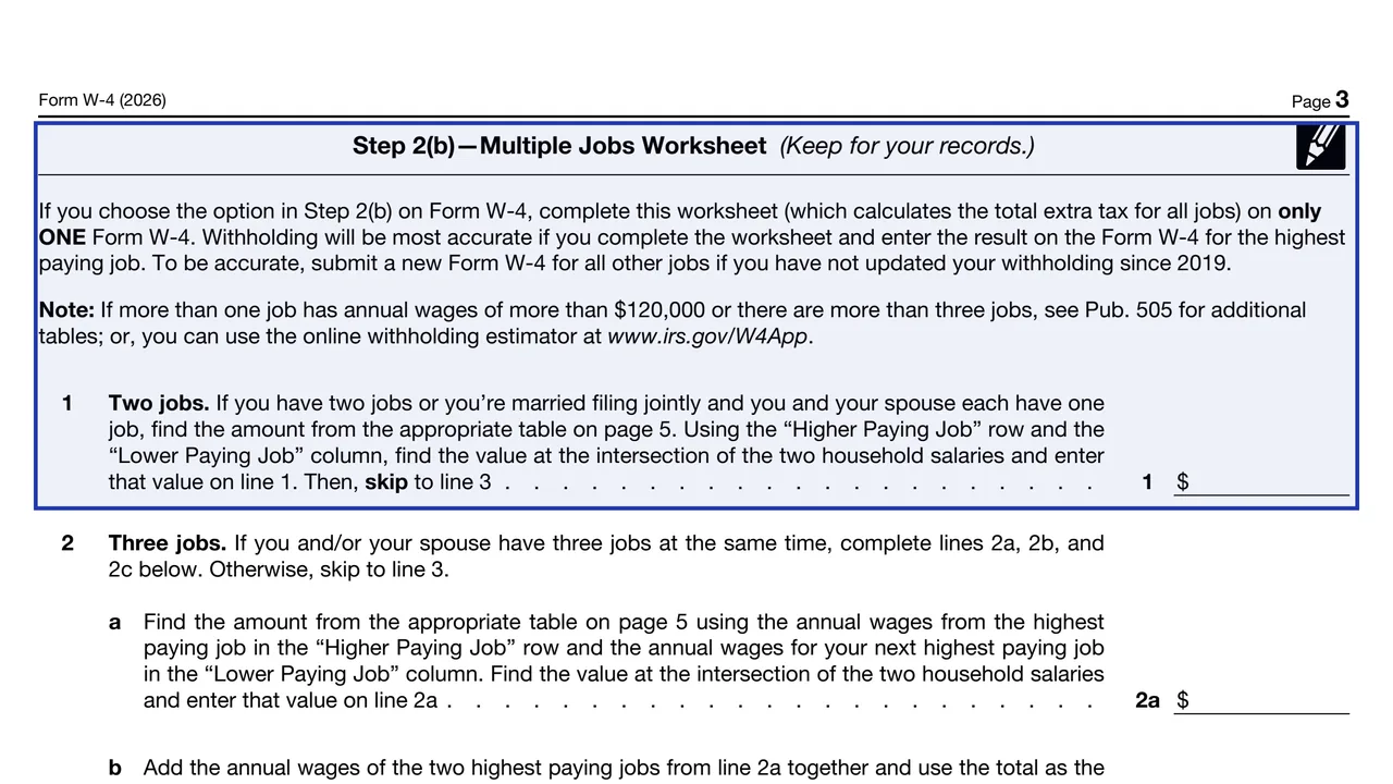 The Multiple Jobs Worksheet and Deductions Worksheet on pages 3 and 4 of the 2026 Form W-4