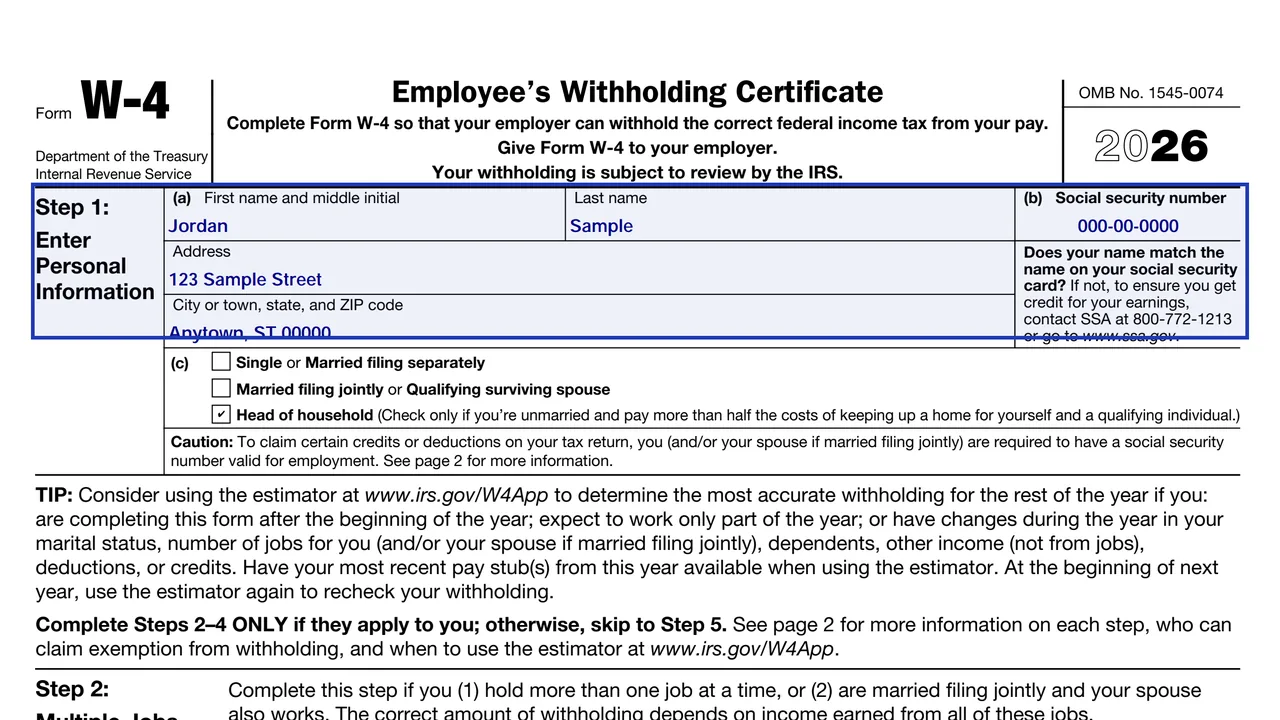 Step 1(a) and 1(b) of the 2026 Form W-4 with a name and Social Security number as sample values