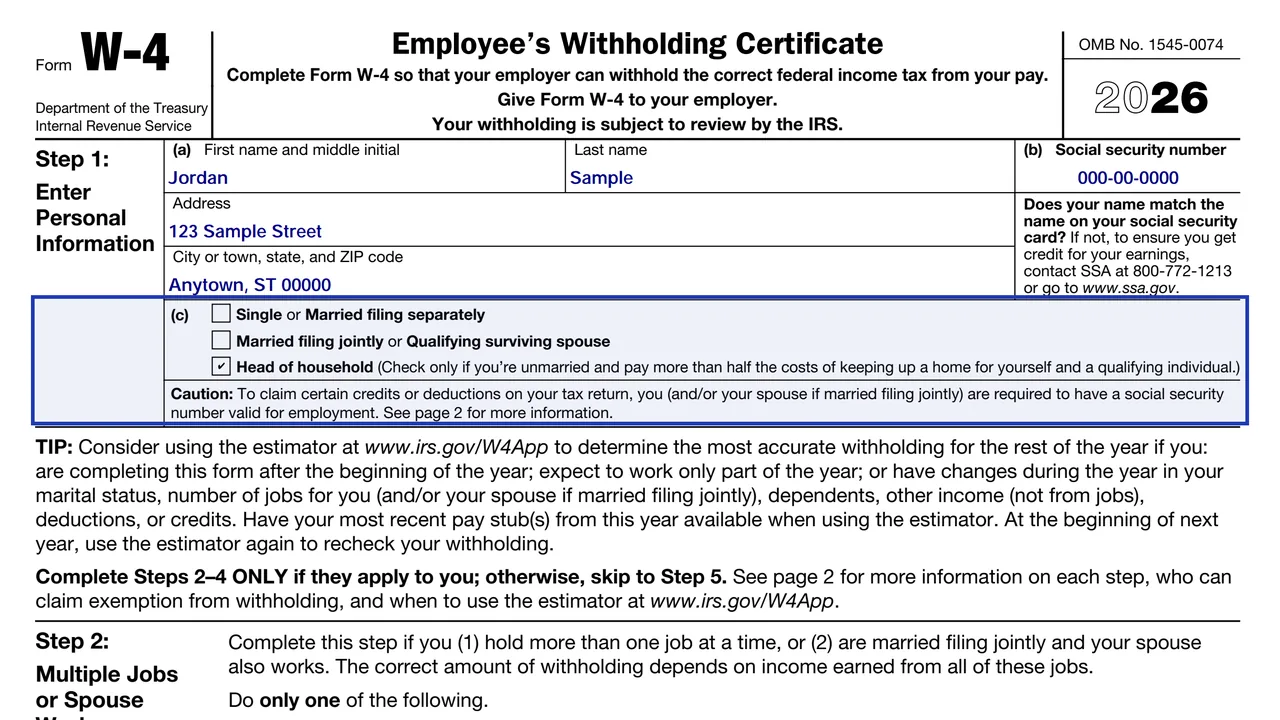 Step 1(c) of the 2026 Form W-4 with the head of household filing status box checked