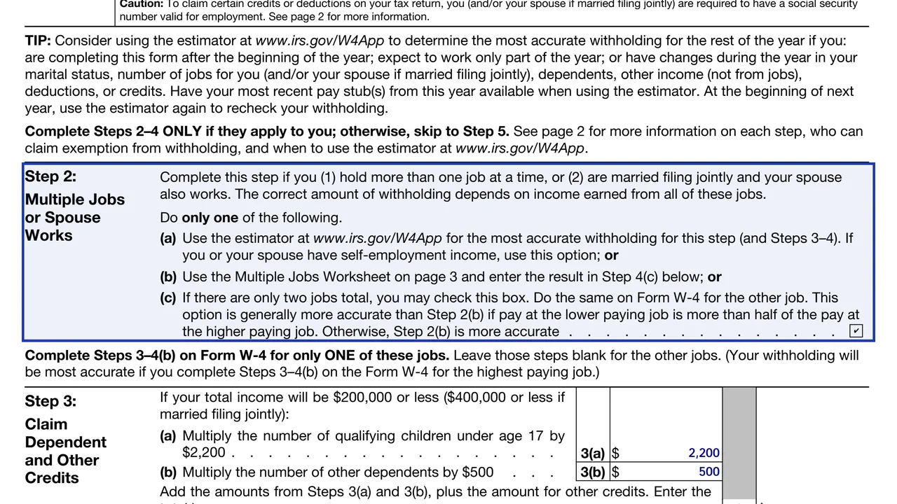 Step 2(c) of the 2026 Form W-4 with the two-job checkbox ticked