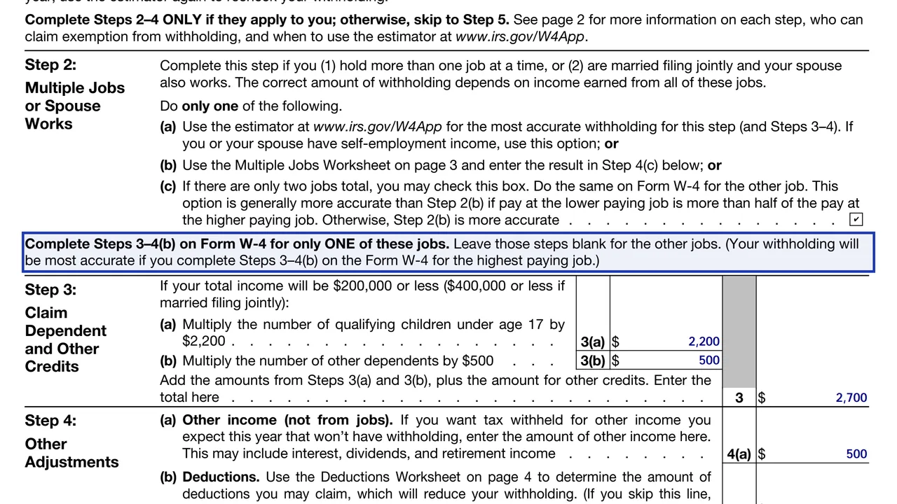 The note on the 2026 Form W-4 to complete Steps 3 through 4(b) on only one form