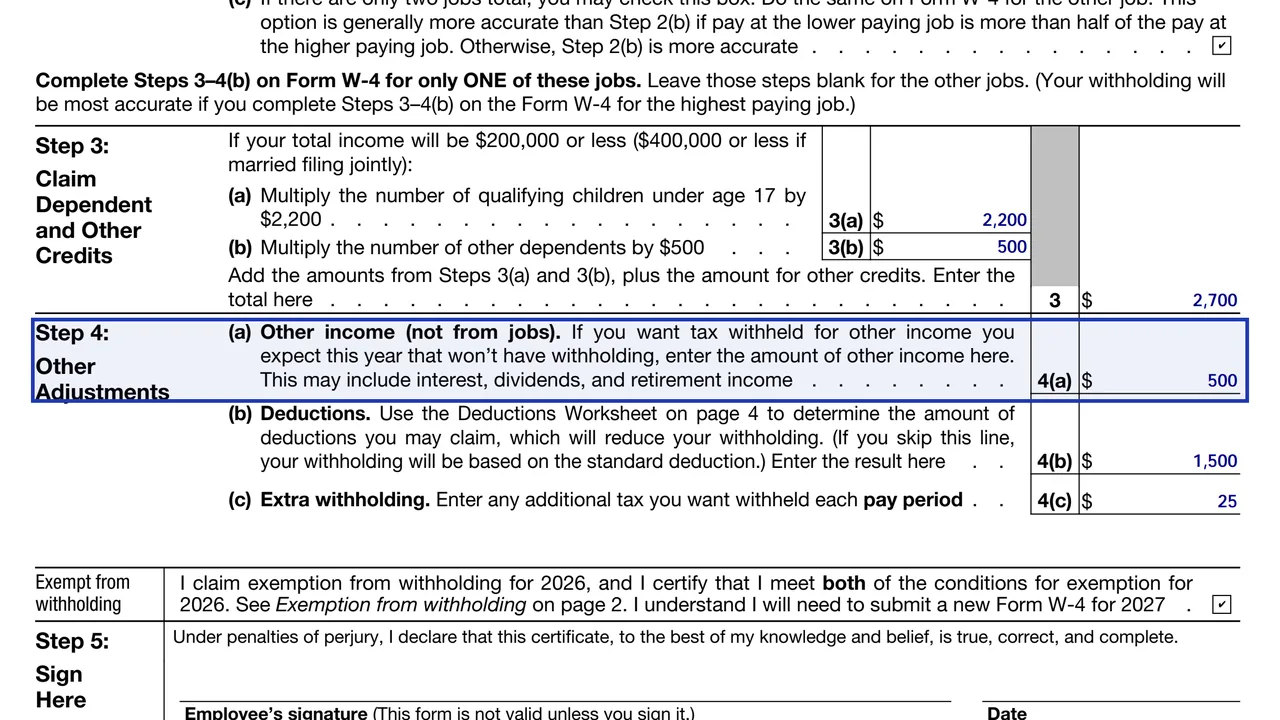 Step 4(a) of the 2026 Form W-4 with a sample amount of interest and dividend income